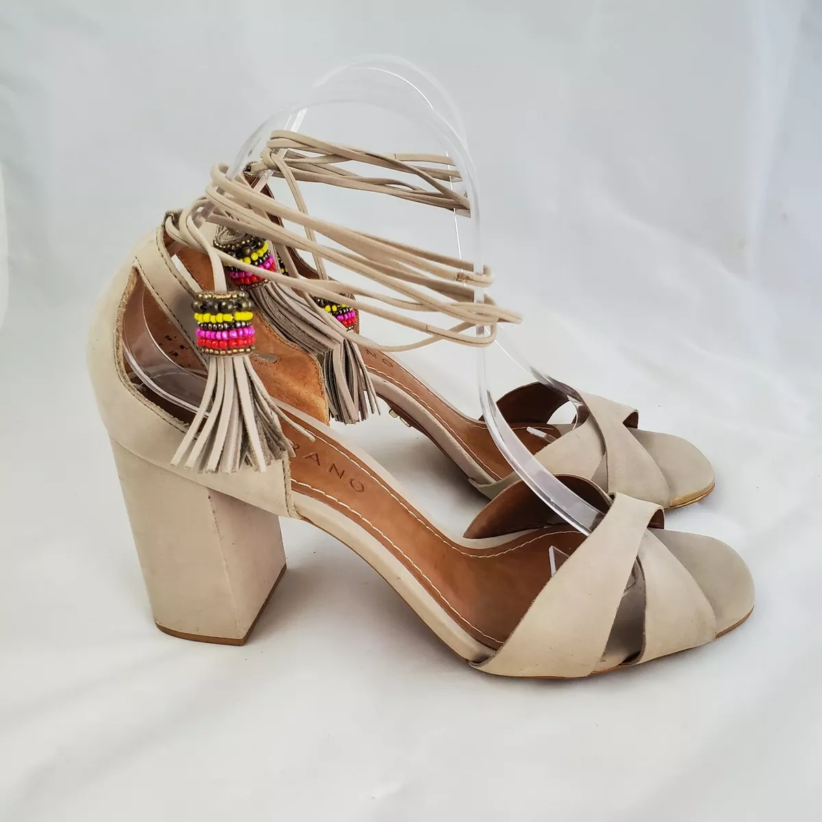 Andrea Carrano Sandals 10 Beige Suede Lace Up Block Heeled Beaded