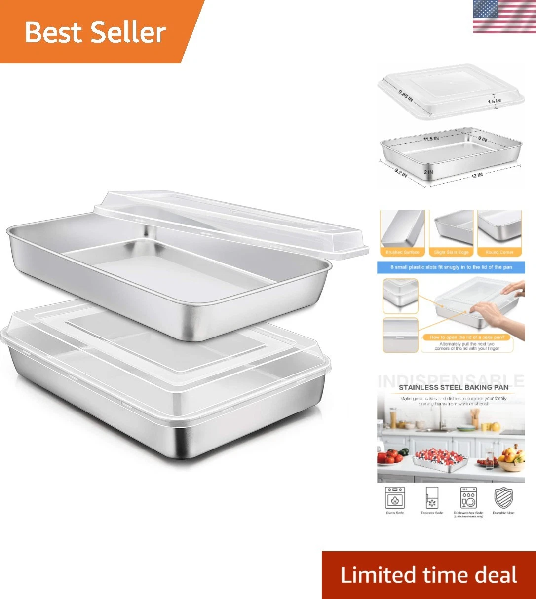 Set of 2 Stainless Steel Baking Pans with Lids - 12⅓ x 9¾ x 2 Inch