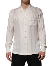 Dolce & Gabbana White Silk DG Logo Print Long Sleeves Men's Shirt