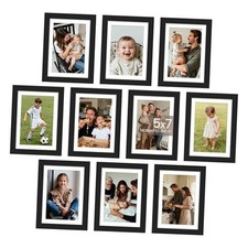 Picture Frame Set of 10, Display Pictures 4x6 with Mat or Without, 5x7 Black