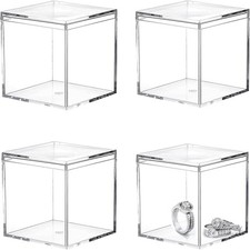 Small Clear Acrylic Box, 4 Pack Plastic Square Cube Containers with Lid Storage