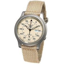 SEIKO 5 SNK803K2 Beige Automatic Watch Military Nylon Band Wristwatch Day & Date