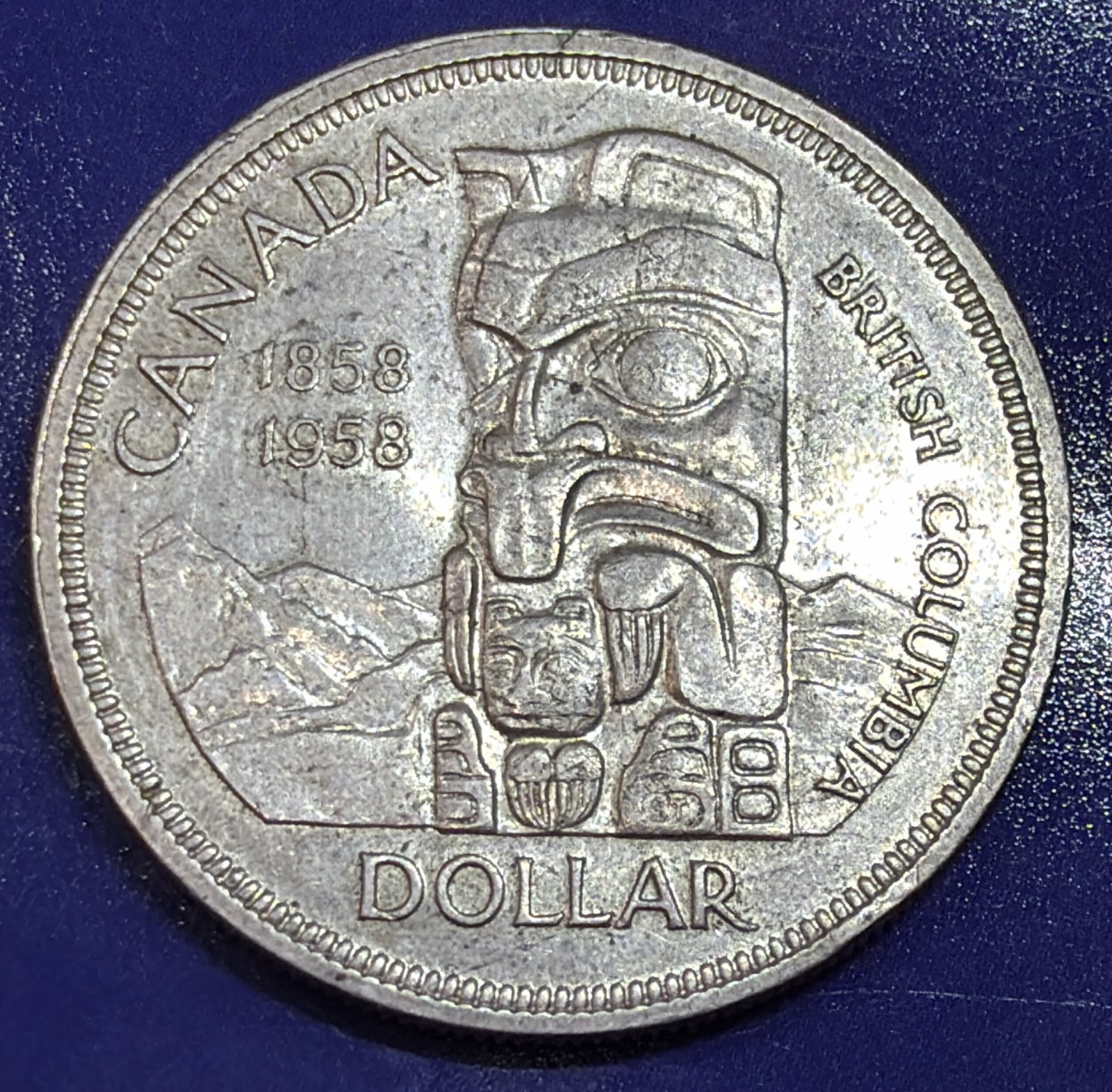 1958 Canada British Columbia Totem Pole Silver Dollar $1 AU 80% Silver Coin