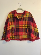 Vintage Handmade 1970s Red Plaid Wool Poncho Cape Capelet Colorful Boho Fall