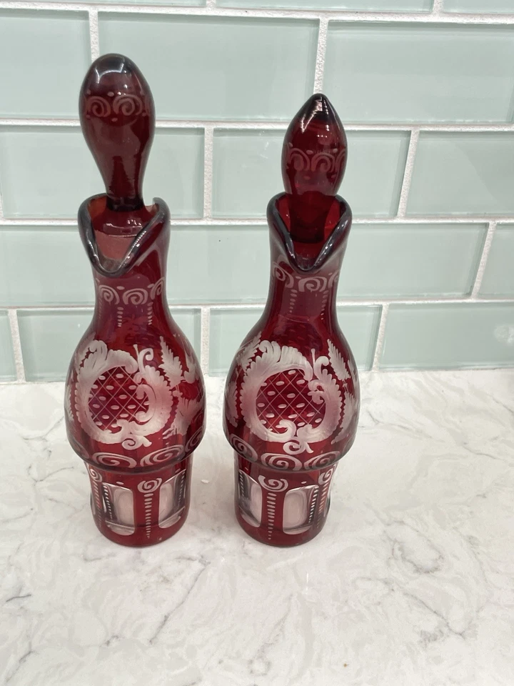 PAIR! BOHEMIAN ART GLASS RUBY STAINED & CUT DECANTER CASTLES DESIGN W/ STOPPER - Image 2 of 4