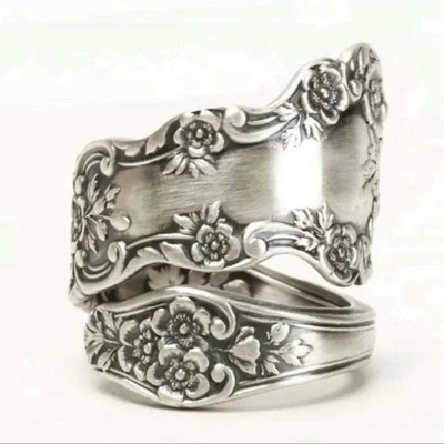 Vintage Floral Spoon Ring Silver Tone Ornate Bypass Flower Band Statement Ring