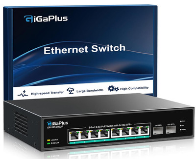 10 Port 2.5Gb Unmanaged PoE Switch with 8*2.5G Base-T PoE Ports, 2*10G SFP+ U...
