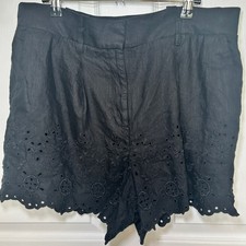 LOFT Black Linen Blend Shorts Size 6 Eyelet Embroidered Hem Casual Summer
