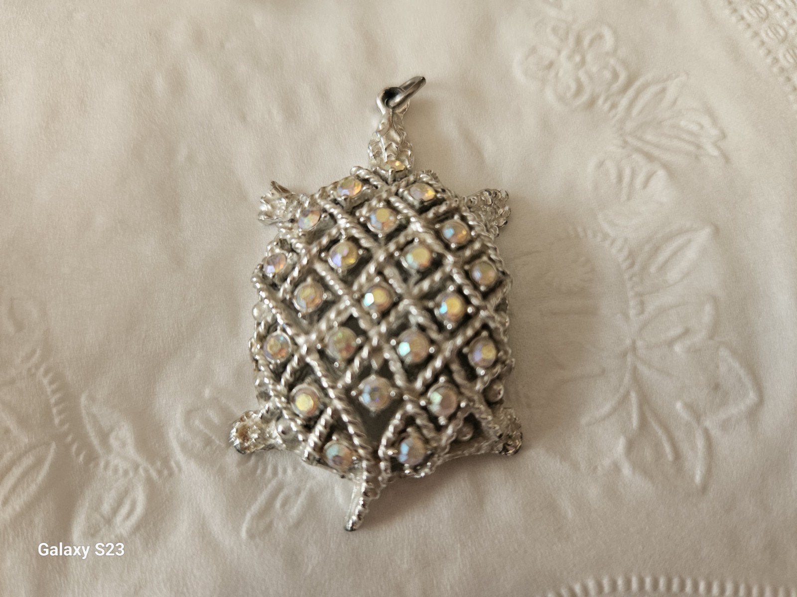 Unsigned Rhinestones Silvertone Turtle Pendant - … - image 1