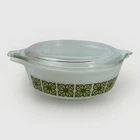 Vtg Pyrex Verde Square Floral Small Round Dish With Lid 1 Qt
