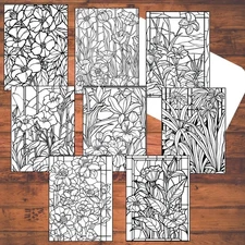 Stained Glass Flowers Coloring Cards | 5" x 7" | Adult Handmade DIY Card Kit
