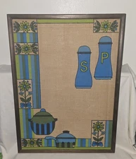 Vintage Mcm Burlap Bulletin Cork Board Blue Green Salt Pepper Floral 24.5" X 18"