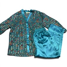 Vintage Victorias Secret Gold Label Teal Floral Satin Pajama Set Large 90s