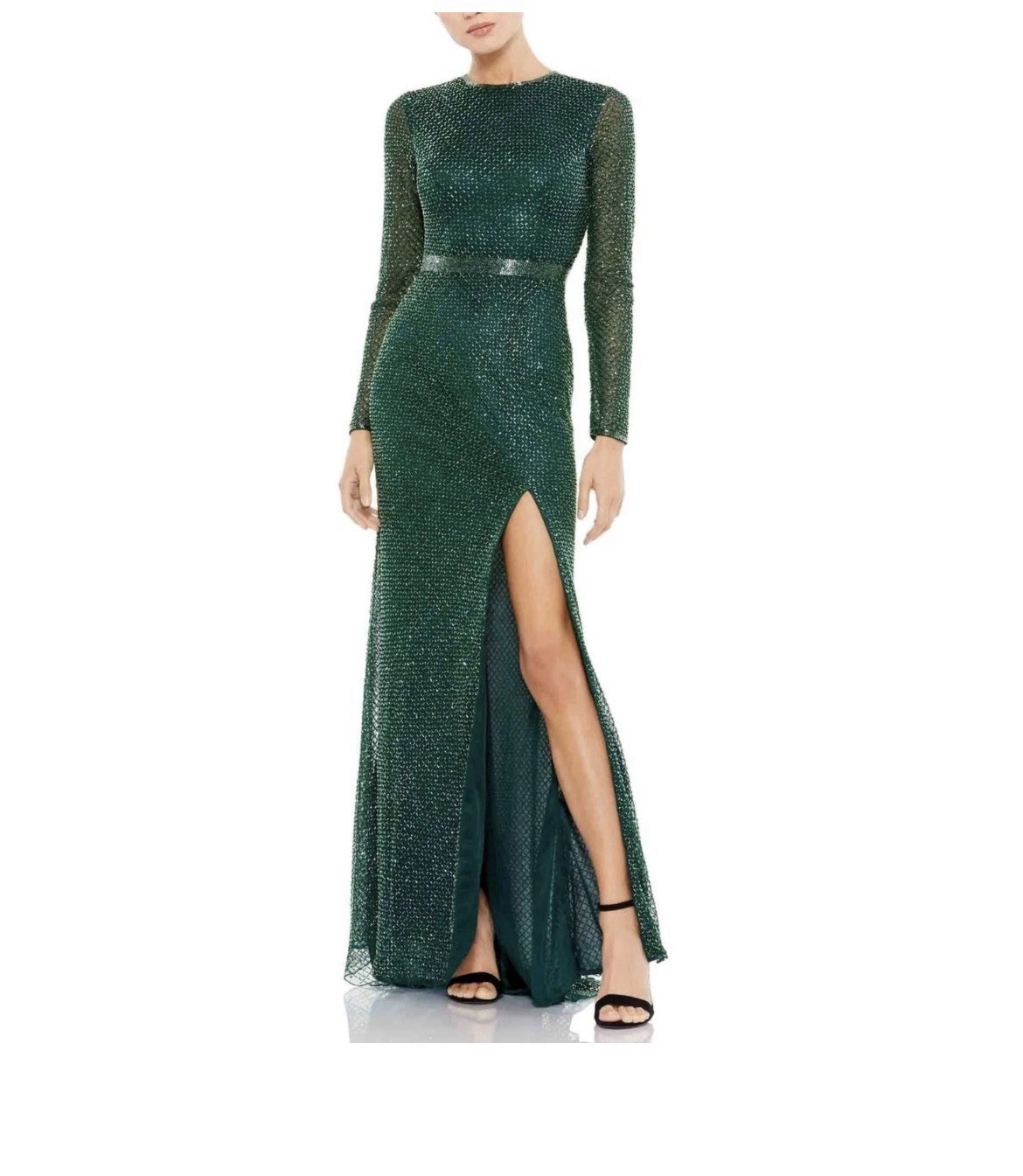 Mac Duggal Green Evening Gown Beaded Long Sleeve Formal Dress Size 4