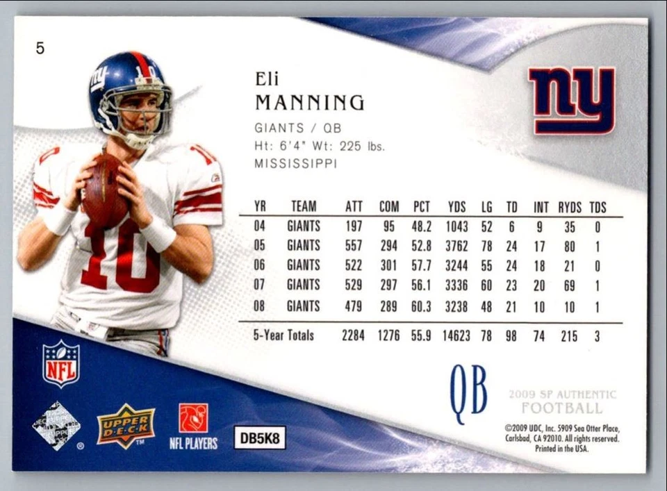 2009 SP Authentic Eli Manning New York Giants #5 - Image 2 of 2