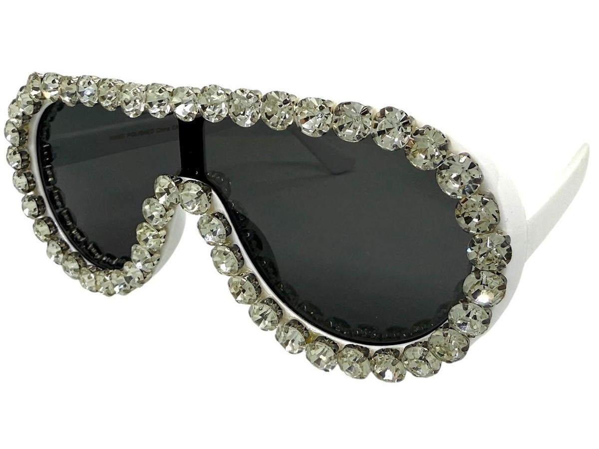 Y2K White/Cream Rhinestone  Oversized Shield Sunglasses Wrap Bling UV block Oversized Exaggerated Retro Shield Bling SUNGLASSES Big  main image 2