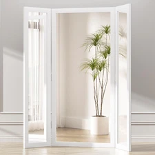 3 Way Trifold Full Length Floor Mirror with Wood Frame for Bedroom Closet Decor