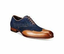 Handmade Men's Leather Wingtip Tan Navy Blue Suede Dress Formal Dress Shoes-140