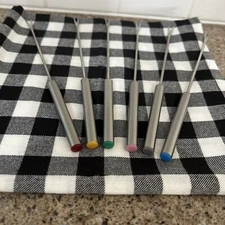 Vintage Fondue Forks Set of 6 Stainless Steel Metal Color Coded Plastic Ends