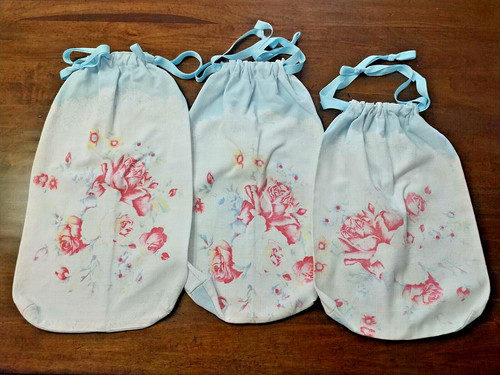 3 Drawstring Bags made w/VTG Romantic Faded Cotton Print w/Roses on Aqua Color