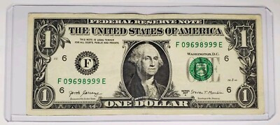 #ad LUCKY 999 Five Of A Kind 9s $1 One Dollar Bill Fancy Serial Number 2017A $7.49