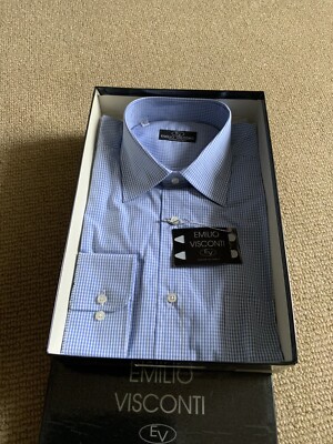 New EV Mens 100% Cotton Blue Checks  Shirt,With Tag,Size16.5 .Made In Italy.