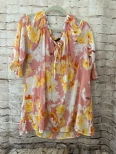 Cocomo Top Womens 1X Sunrise Floral Cold Shoulder Tie Neck Flowy Boho Plus Pink