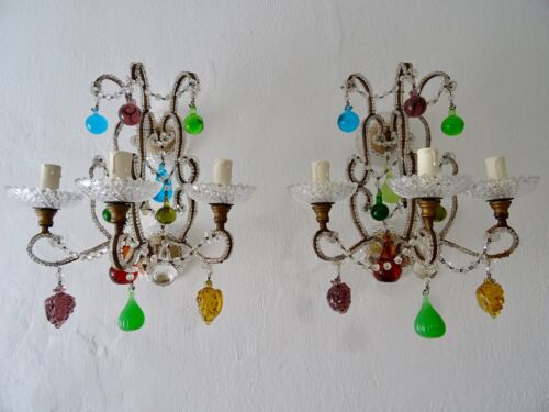 ~Italian Murano Fruit Colored Balls Crystal Beaded Sconces, circa 1930~ - Picture 1 of 13