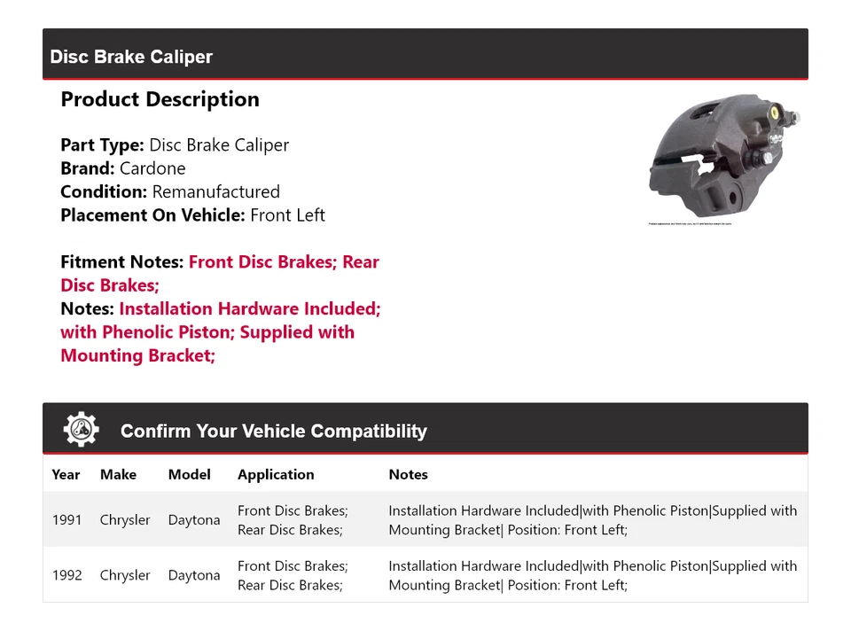 Pinza de freno de disco delantera izquierda Cardone para Chrysler Daytona 1991-1992 Foto 2 de 4