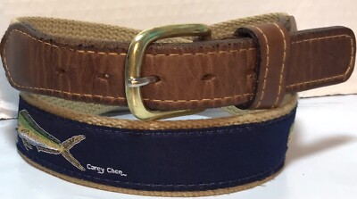 CAREY CHEN OCEAN RIDER Belt Mahi Mahi Sz 28 Leather Ends Canvas Brass Buckle GC