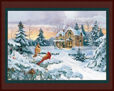 Winter Memories Cardinals Snow Scene Quilt Top Wall Hanging Panel Fabric