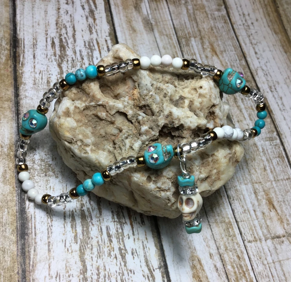 Handmade Bohemian Gemstone Turquoise Howlite Skull Anklet/Ankle Bracelet USA - Image 2 of 2