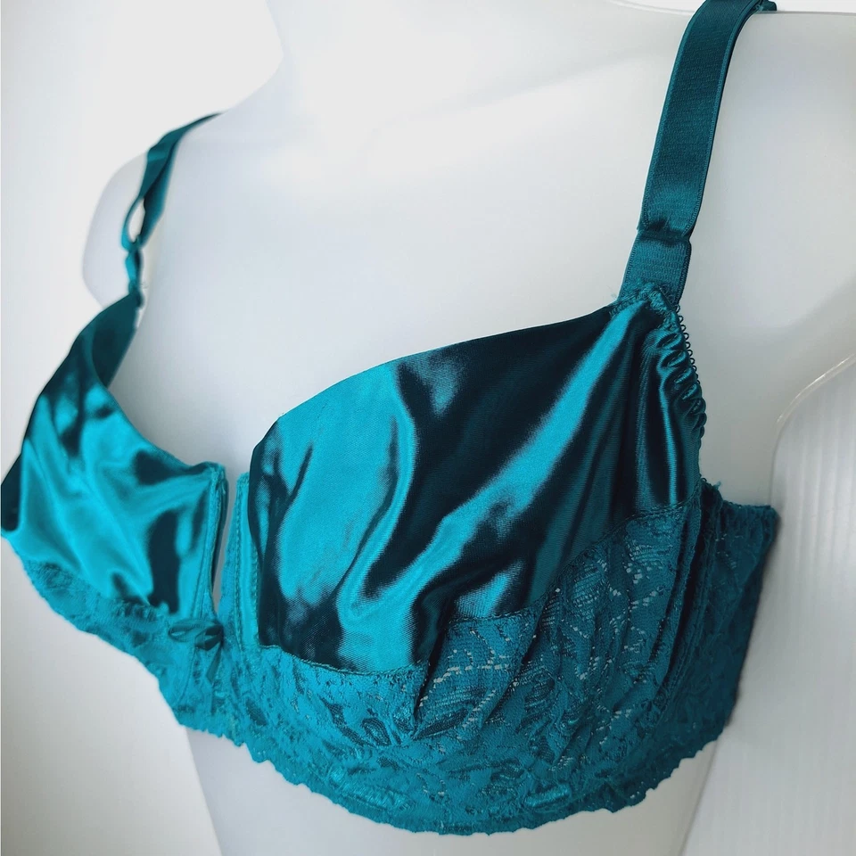 Sujetador de Colección Años 70 Maidenform Rendezvous 36D Segunda Piel Verde azulado Brillante Satinado Encaje Con Cable Foto 2 de 4