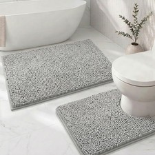Elegant Light Grey Chenille Bath Rugs Set, Thick  Non-Slip Design for Safety