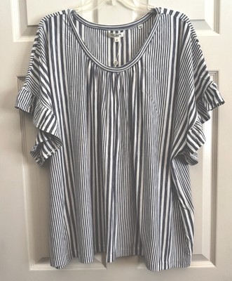 NWT Max Studio Plus 3X, Short Ruffle Sleeve Top Blouse, Vertical Stripe Blue $98