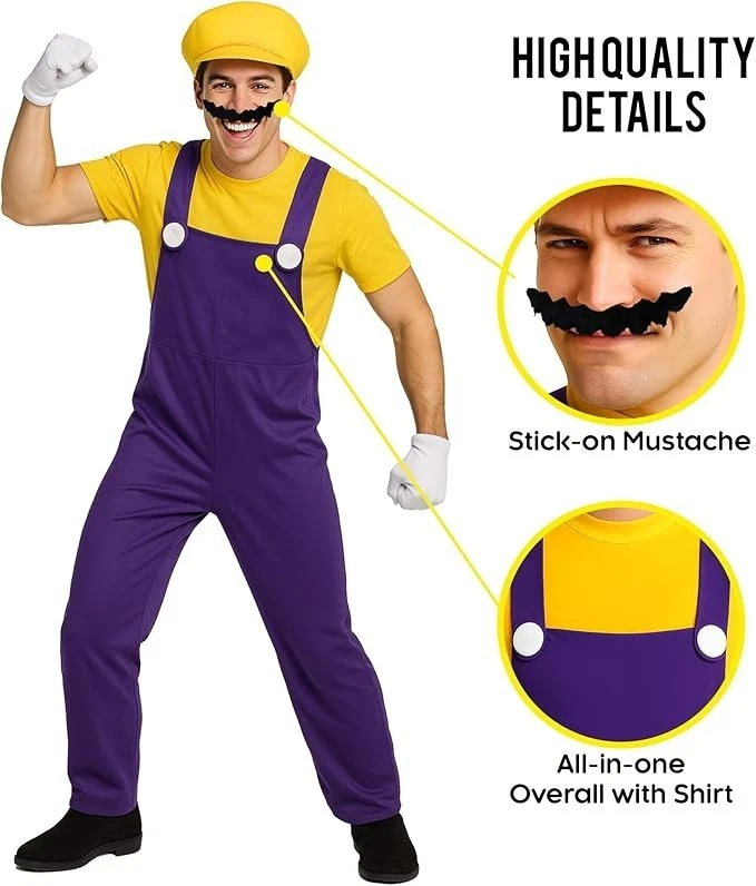 Adulto Super Mario Brothers Wario Disfraz Hombre Amarillo Fontanero Sombrero Bigote L XL Foto 3 de 4