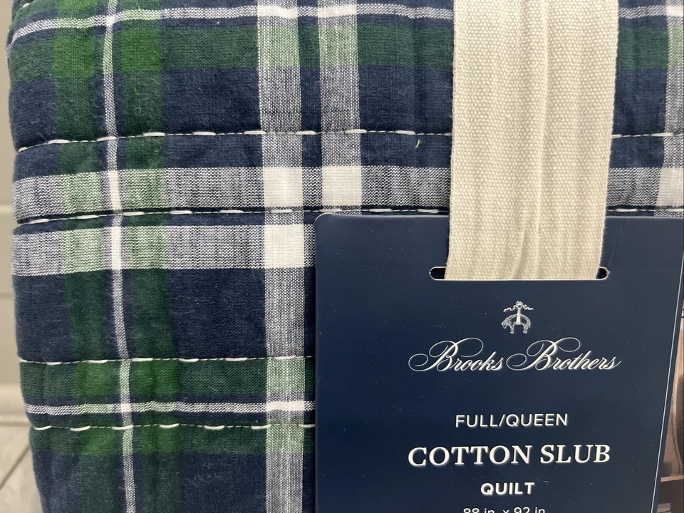"Edredón Brooks Brothers verde, blanco + azul a cuadros completo/queen algodón 88""x92""" Foto 3 de 4
