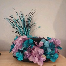Turquoise And Lilac Floral Fancy Hat Sunday Church Wedding Black Wool L