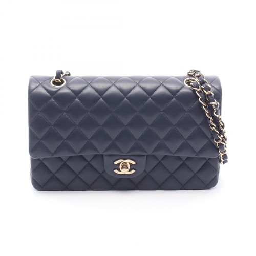 CHANEL Matelasse W flap Chain Shoulder Bag A01112 leather Navy Used Women GHW