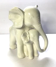 FESTCOOL PORCELAIN ELEPHANT MOTHER and BABY FIGURINE - WHITE COLOR 7" HEIGHT