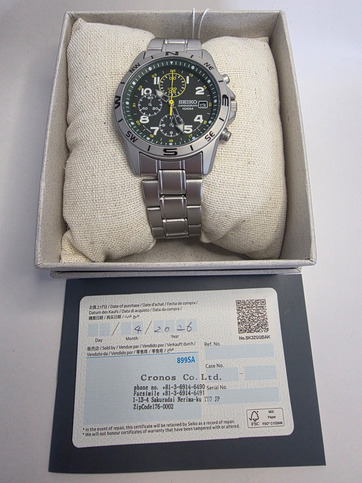 New Seiko Chronograph SND377P Green Dial Quartz Watch