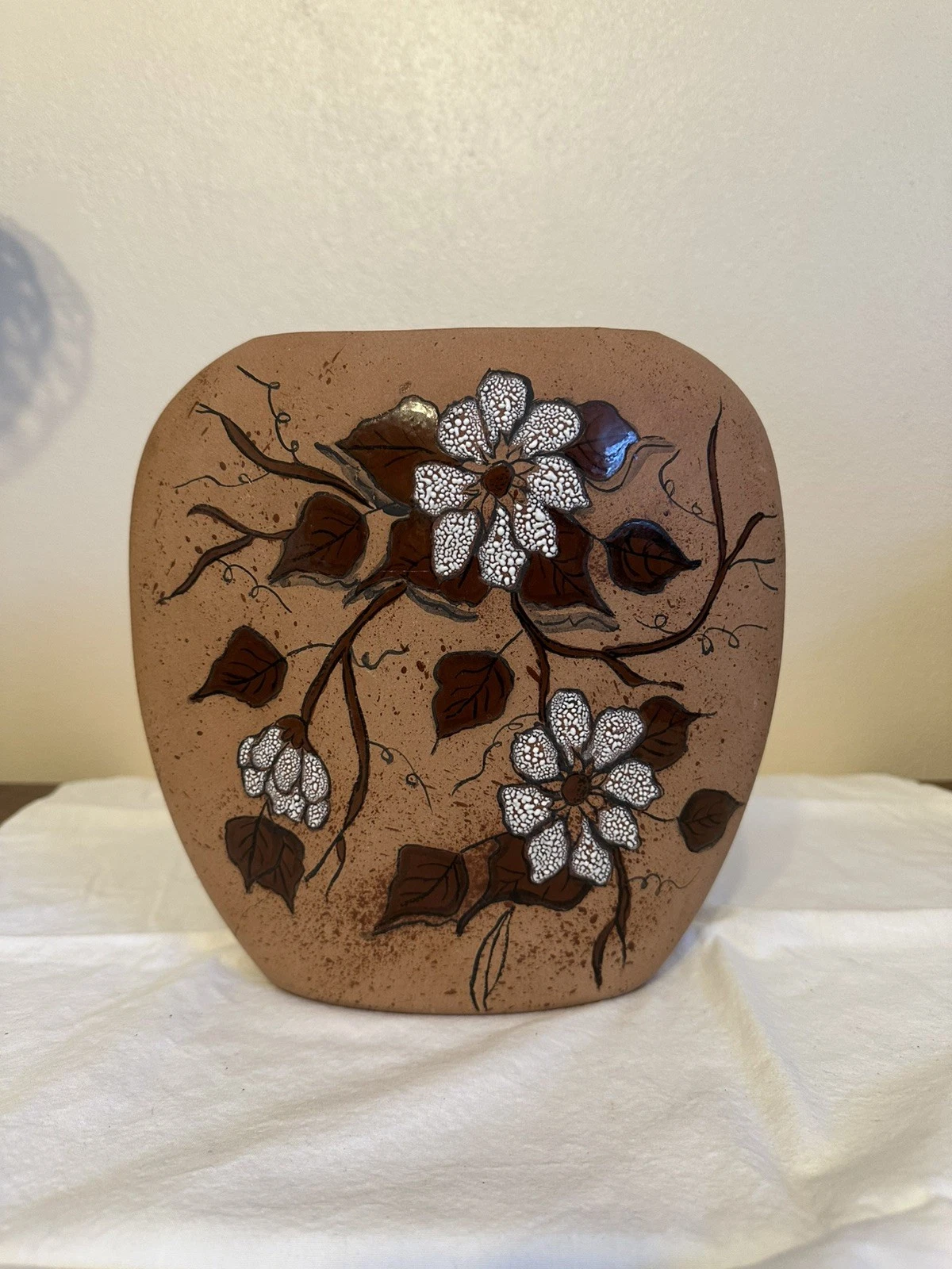 Vase - Flowers & Leaves Hand Crafted Pottery Ceramic 8 1/2" inches tall