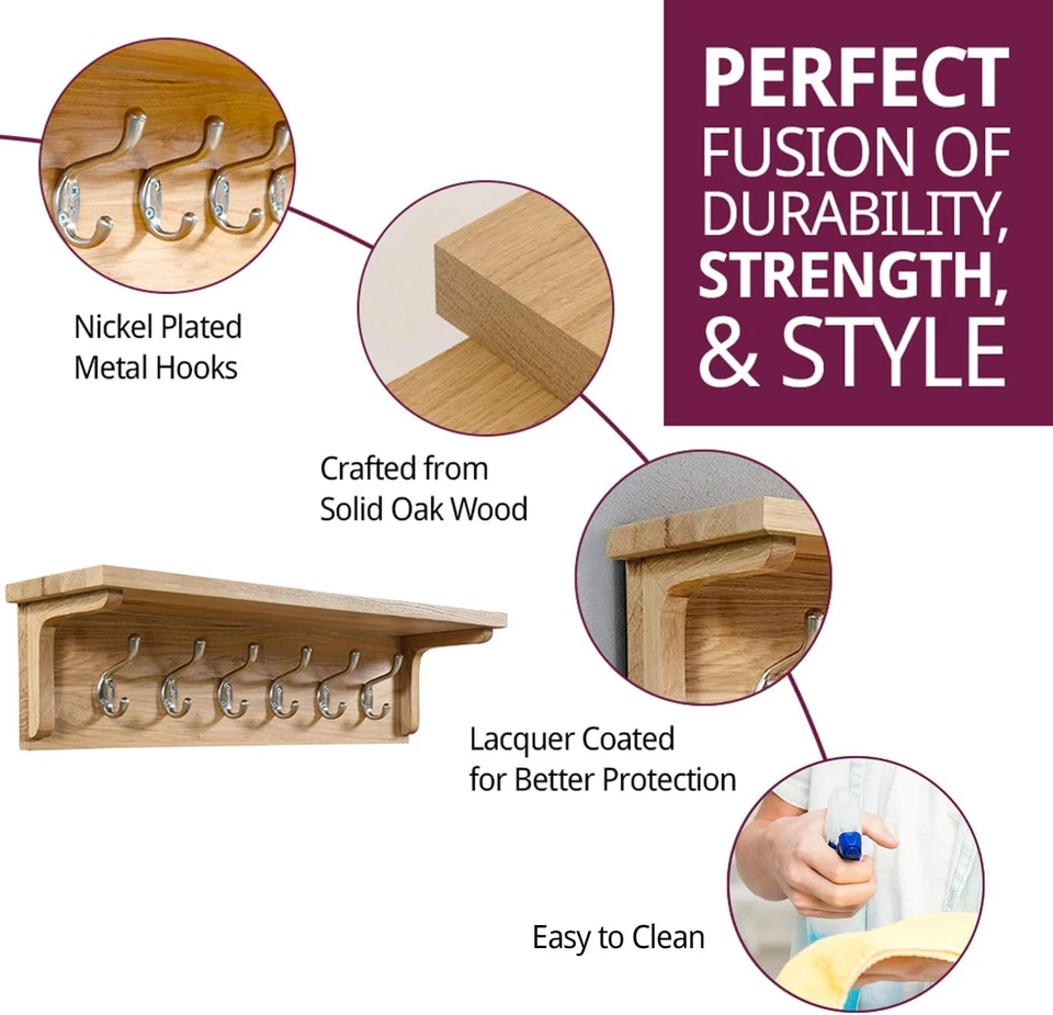 Solid Oak Wall Coat Rack with Shelf | 6 Metal Hooks for Hallway & Entryway - Image 2 of 4
