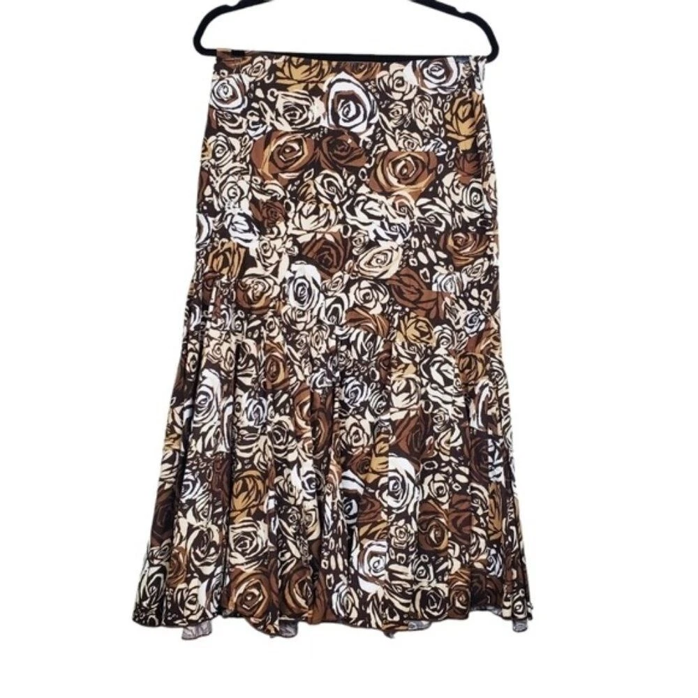 Tapemeasure Womens Brown Rose Floral Cotton Trumpet Midi Skirt Size 4