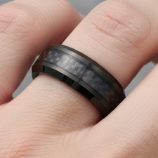 6mm Men s Tungsten Wedding Band Black Ring with Carbon Fiber Inlay Bevel