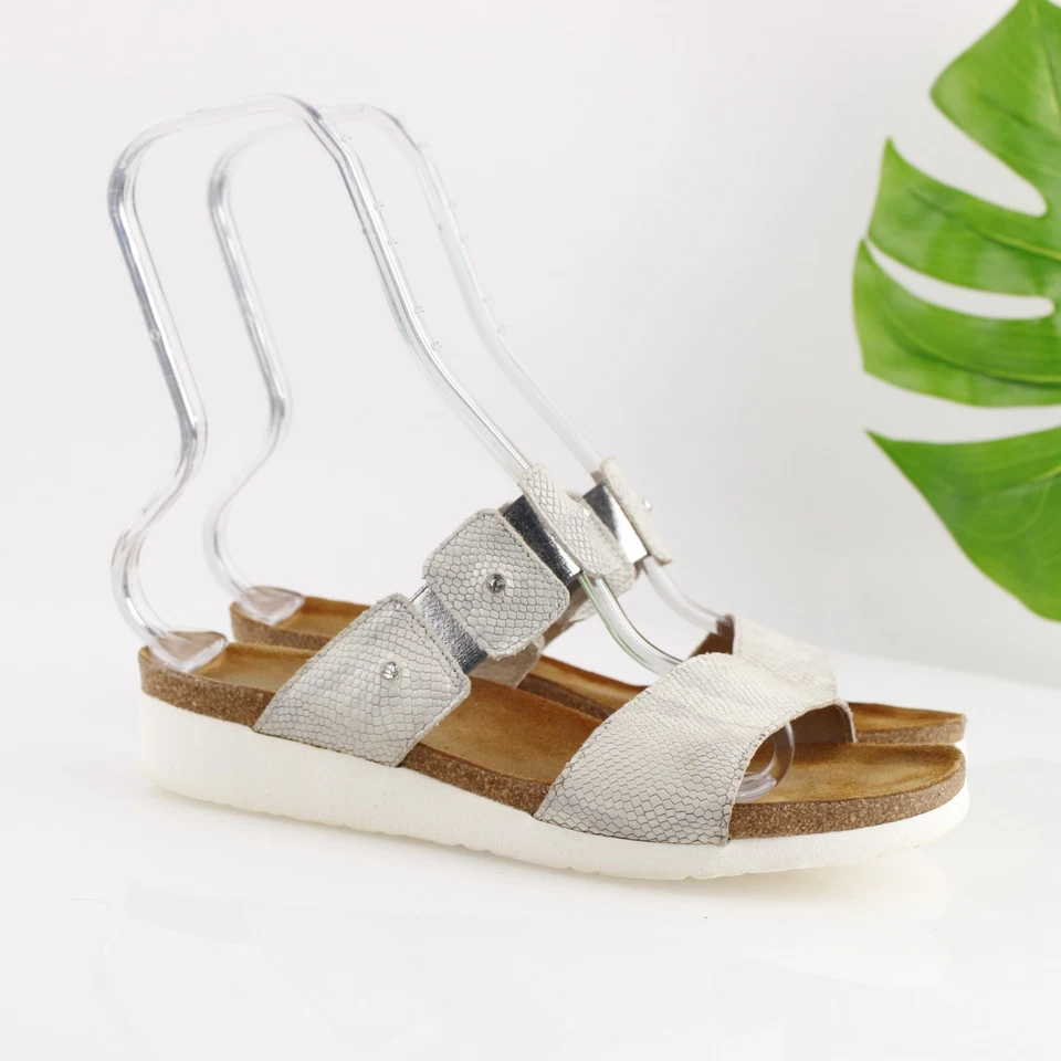 Sandalia Ashley Naot para mujer talla 41 10 plateada cuero serpiente cuña baja zapato deslizable Foto 2 de 4