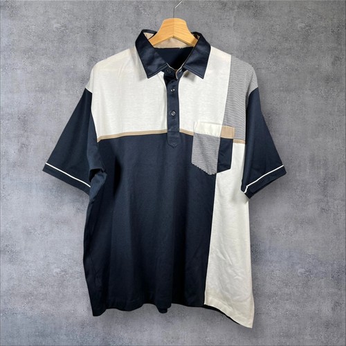 Vintage St Michael polo shirt XL 80s 90s navy white beige colourblock retro