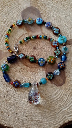 Vintage Murano Millefiori Enameled Glass Beaded Necklace 