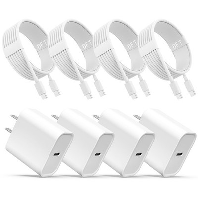  4 Apple compatible  Fast Wall Chargers & White Cables for iPhone15/16/17/ipads