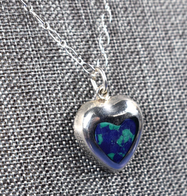 Sterling Silver Malachite Azurite Heart Pending 20'' Mexico 6`1g